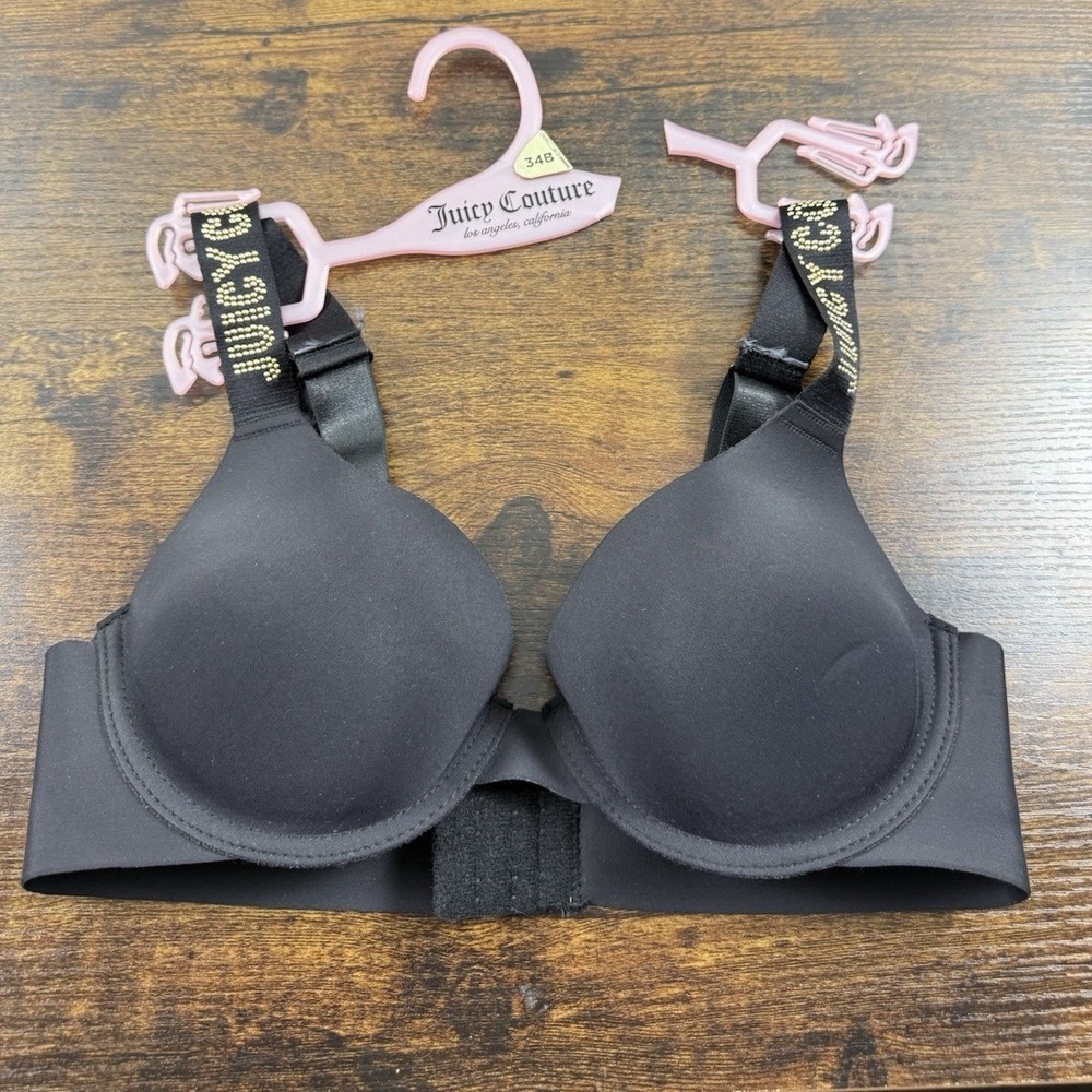 Y2K Juicy Couture 34B Black Push Up Bra Logo Strap Studded Wireless Sexy NEW
